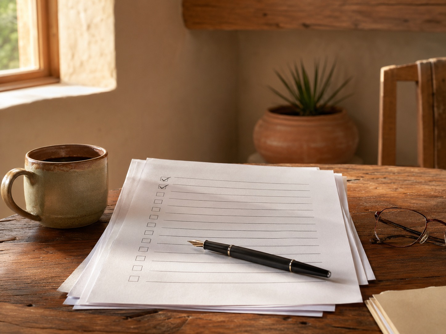 A printed probate checklist and fountain pen on a desk, with a coffee mug and reading glasses
